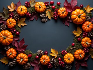 Fototapeta premium Autumnal Frame with Pumpkins, Berries, Leaves, and Pinecones on a Dark Background.