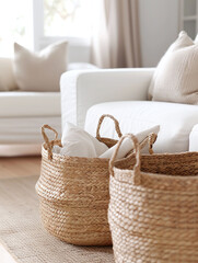 Obraz premium A shot of eco-friendly storage baskets made from natural fibers (e.g., wicker, jute) placed neatly in a minimalist living room