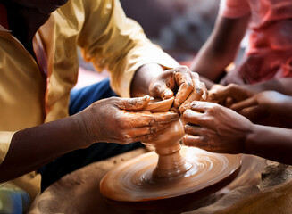 Close-up of hands shaping clay on a pottery wheel, showcasing a pottery-making tradition passed down through generations.  The image emphasizes collaboration and skill.