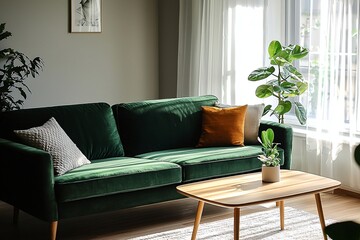 Fototapeta premium A minimalist, mid century modern interior in the living room with a green sofa and a wooden cafe table. Generative AI 