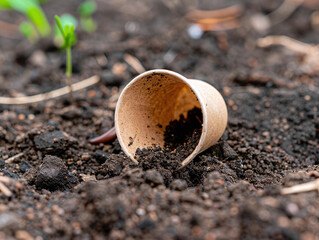 Close-up shot of a biodegradable cup decomposing in the soil, with visible earthworms, roots