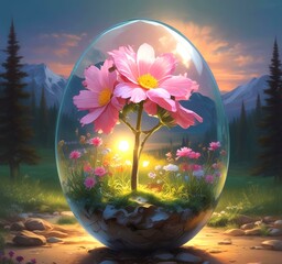 Illustration of fantasy egg with inside world.