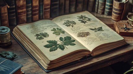 Exploring botanical wonders open book on plants vintage library educational content cozy environment close-up view nature's secrets