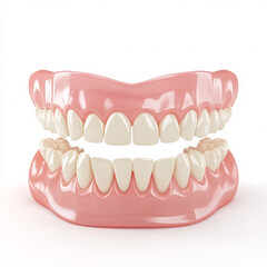 A detailed 3D rendering of a full set of dentures with pink gums and natural-looking white teeth, displayed on a white background
