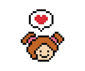 Cute pixel cartoon 8bit character woman lady feel love happy happiness heart emotion lifestyle decoration life style 8 bit female girl fun happy like favorite mood game isolated PNG vector.