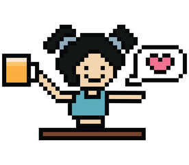 Fototapeta premium Cute pixel cartoon 8bit character woman drink beer alcohol party hangout lifestyle decoration life style 8 bit female girl drinking beer isolated png vector.