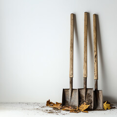Three rustic shovels resting on a surface, surrounded by autumn leaves and dirt.