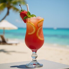 A refreshing summer cocktail against a vibrant blurred beach backdrop