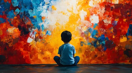 Child observing colorful artwork. Generative AI.
