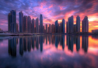 Obraz premium Dubai Skyline at Sunset: A Breathtaking Cityscape Reflection