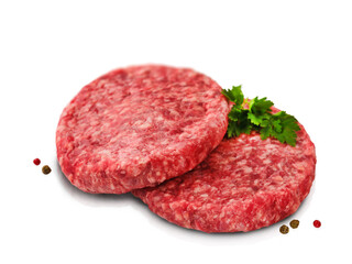 Raw burger patty. Stack of fresh raw burger patty or ground beef meat burger steak cutlets isolated on white background with clipping path. Design element.