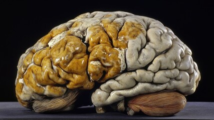 Close-up of human brain showing plaques. Understanding the complexities of neurological conditions through detailed anatomical study.