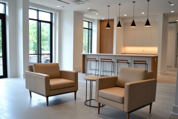 Minimalist hair salon waiting area with sleek leather seating, simple decor, and a modern coffee bar for clients, [Modern hair salon], [comfort and sophistication]