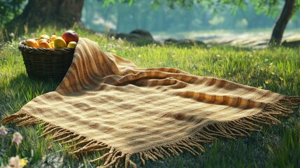 Fototapeta premium Picnic setup with fresh fruits sunny meadow still life natural setting close-up view relaxation concept