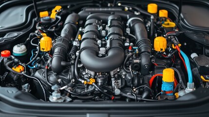 Fototapeta premium Mechanics repair and engine restoration, A detailed view of a high-performance engine showcasing intricate components and vibrant yellow accents.