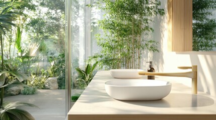 Fototapeta premium Modern bathroom design featuring natural elements tranquil space interior decor bright environment serene viewpoint eco-friendly concept