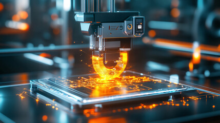 A glowing 3D printer icon with data layers representing online manufacturing, custom product design, and tech innovation. 