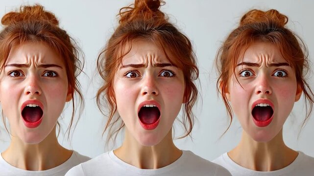 Triple Threat:  A young woman with fiery red hair and wide-eyed fear, captured in three sequential expressions of panic, showcasing the raw intensity of human emotion.