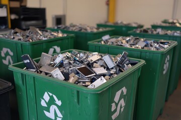 Electronic waste collection point, with labeled bins for batteries, old phones, and chargers, promoting responsible recycling, [Electrical recycling], [community e-waste recycling]