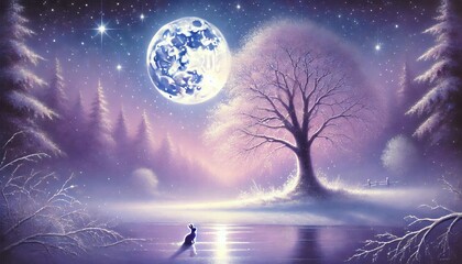 Fototapeta premium A Solitary Rabbit Under the Glow of a Purple Moonlit Winter Sky, Sitting Beside a Frozen Stream Surrounded by Frosted Trees and a Majestic Tree