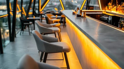 Sleek rooftop bar with minimalist design, geometric furniture, and LED lighting, offering a futuristic atmosphere, [Modern rooftop], [modern nightlife experience]