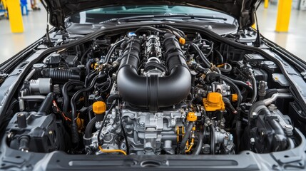 Mechanics repair and engine restoration, A detailed view of a car engine showcasing intricate components and wiring in a workshop setting.