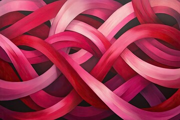 Vibrant abstract painting with intertwining red and pink waves, symbolizing passion