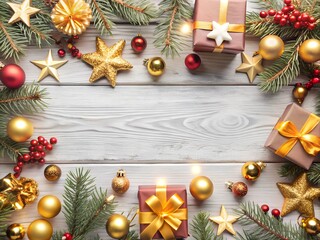 Festive Christmas Frame with Fir Branches and Decorations