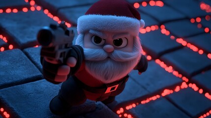 Whimsical Nighttime Scene Featuring Santa Claus in an Unexpected Adventurous Pose, Surrounded by Glowing Lights and Intriguing Shadows