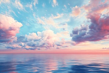 Fototapeta premium A serene seascape at sunset with vibrant clouds reflecting on calm waters.
