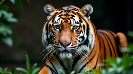 Majestic Portrait of a Sumatran Tiger in a Zoo Surrounded by Greenery