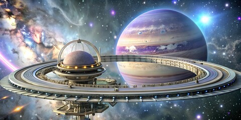 Futuristic Space Station Orbiting a Glowing Purple Planet