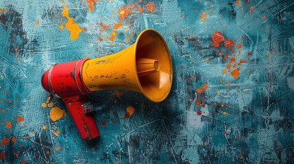 Red and yellow vintage megaphone on a colorful textured background.