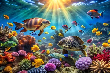 Vibrant Coral Reef with Fish, Sea Turtles, and Sunlight Streaming Through Clear Water