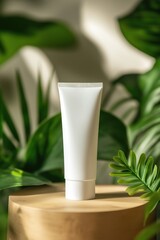 White cosmetic tube on wooden podium surrounded by greenery, blurred background with leaves
