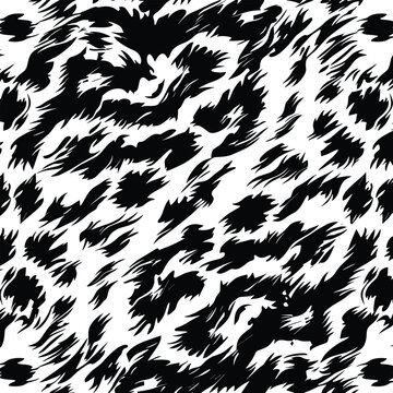 Black and white leopard fur pattern, a seamless texture for print design. High-resolution vector illustration of a fluffy feline skin with soft, organic lines