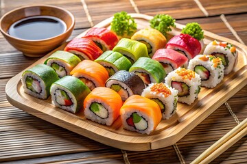 Artfully Arranged Sushi Rolls on a Bamboo Tray with Soy Sauce and Chopsticks