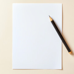 Blank paper and pencil on beige background for creative use and design projects.