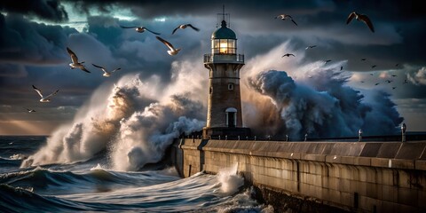 Giant Wave Crashing Against Lighthouse in Stormy Skies with Seagulls in Flight