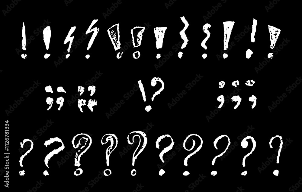 Fototapete set of exclamation question and quotation marks symbols. white crayon handwritten text signs. collec