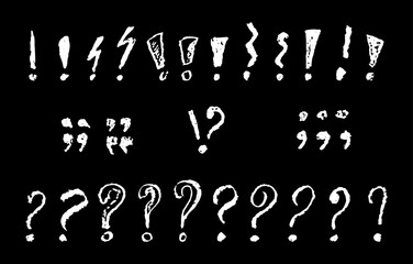 Set of exclamation question and quotation marks symbols. White crayon handwritten text signs. Collection of icons for quoting statements, direct speech in speech bubble. Vector punctuation marks.