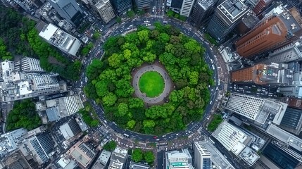 Aerial View of Busy Urban Intersection Surrounded by Lush Greenery and Tall Buildings in a Modern Cityscape