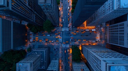 Aerial View of a Busy Urban Intersection with Traffic and Tall Buildings at Dusk in a Metropolitan City Scene