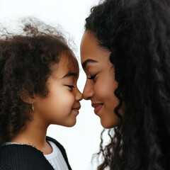 A woman and a girl are playfully touching noses and smiling