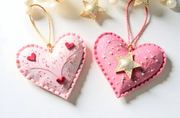 Two handcrafted fabric heart ornaments in soft pink tones with intricate embroidery and star embellishments perfect for Valentine's Day or romantic decor. Selective focus