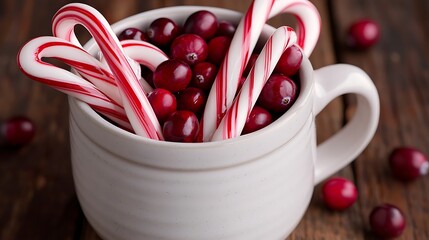 Artistic Arrangement of Peppermint Flavored Candy Canes and Fresh Red Cranberries in a White Mug on Rustic Wooden Table