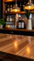 Wood Texture Table Top with Soft Light Bokeh in a Cozy Cafe Setting