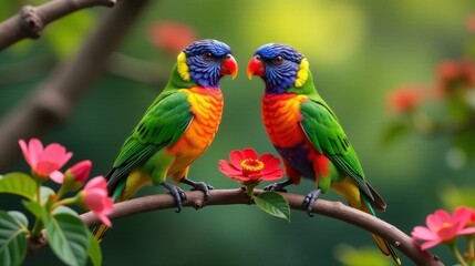 Obraz premium Two Colorful Birds on a Flowering Tree Branch Surrounded by Vibrant Nature