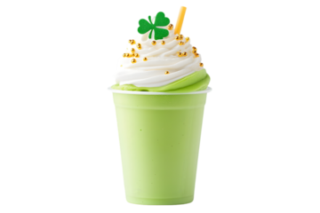 Shamrock Milkshake with Whipped Cream, Green Icing, and Golden Sprinkles in Festive Cup

