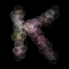 The letter "K" of the English alphabet made by Optical illusion swirl isolated on black background, Circular neon lights, Purple, Grey color, Circular neon lights, Illustration design, Alphabet A-Z